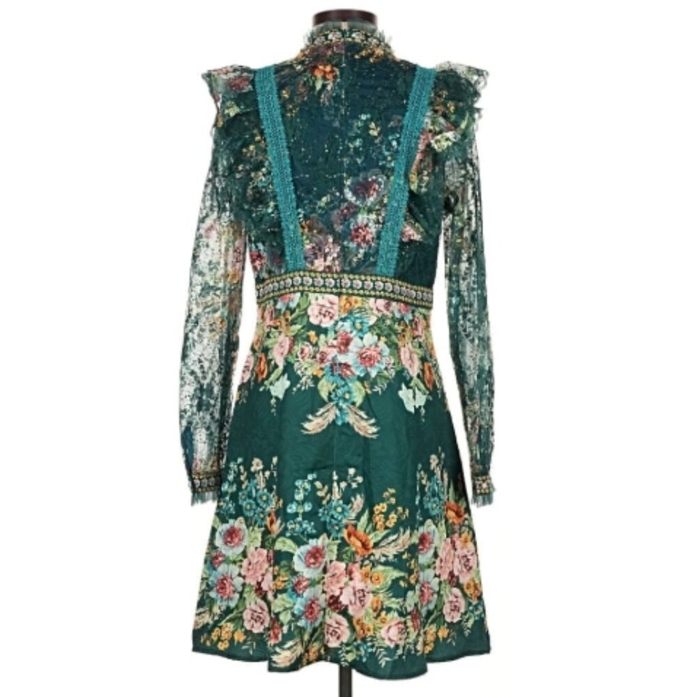 Glory & Co Teal Floral Lace Long Sleeve Mini Dress Vtg Garden Party Cottagecore - Picture 2 of 7